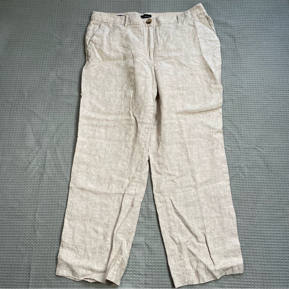 Talbots 100% Linen Pants 14P 14 Petite Southampton Straight Leg Ankle Tan